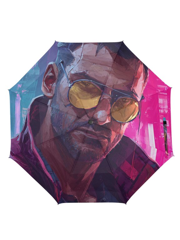 21" Inch Auto Open Close Folding Umbrella Windproof Waterproof Full Print 8-Rib Compact Travel Umbrella for Rainy Days Cyberpunk Tough Guy
