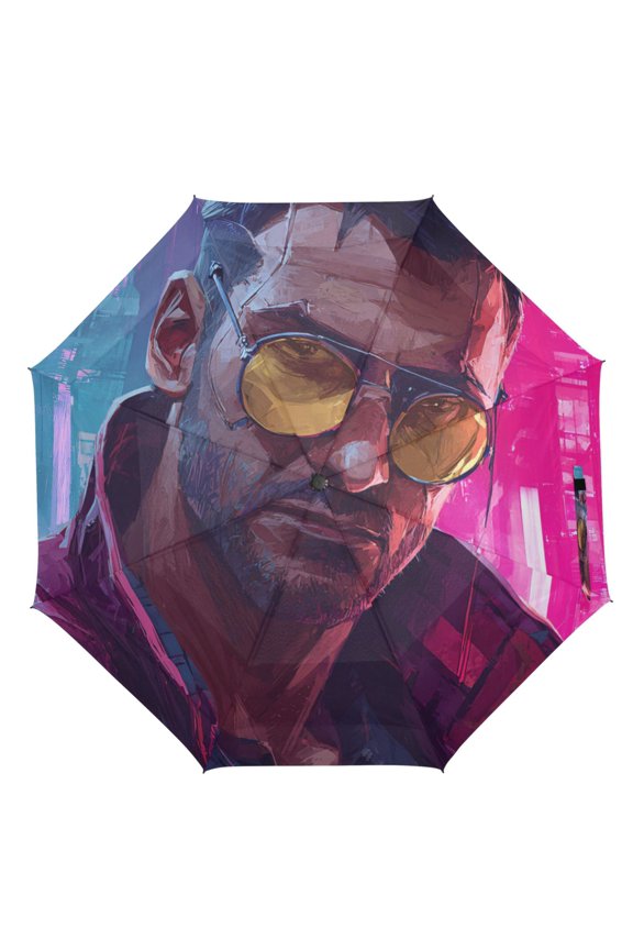 21" Inch Auto Open Close Folding Umbrella Windproof Waterproof Full Print 8-Rib Compact Travel Umbrella for Rainy Days Cyberpunk Tough Guy