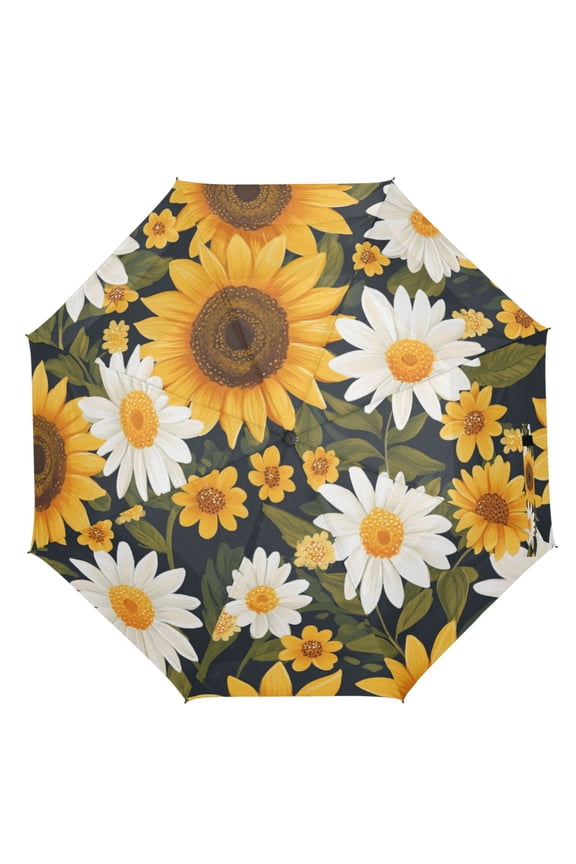 21" Inch Auto Open Close Folding Umbrella Windproof Waterproof Full Print 8-Rib Compact Travel Umbrella for Rainy Days Daisy Sunflowers
