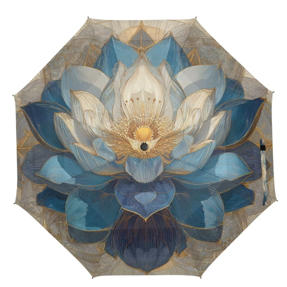 21" Inch Auto Open Close Folding Umbrella Windproof Waterproof Full Print 8-Rib Compact Travel Umbrella for Rainy Days Dark Blue Lotus