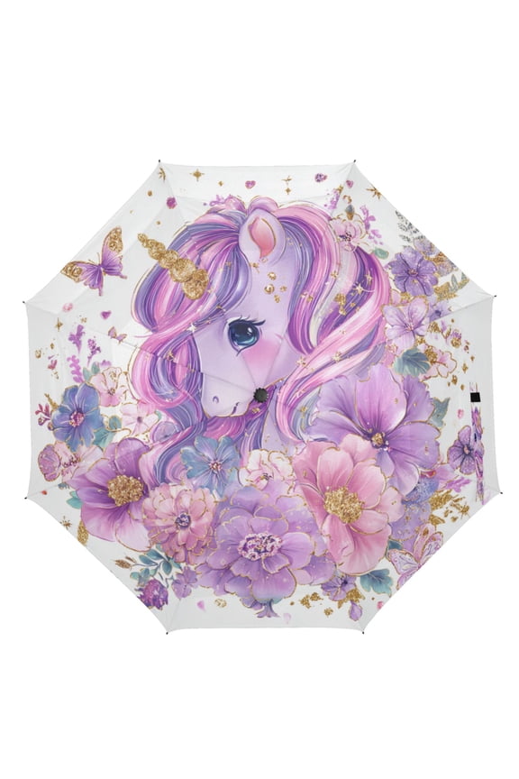 21" Inch Auto Open Close Folding Umbrella Windproof Waterproof Full Print 8-Rib Compact Travel Umbrella for Rainy Days Delicate Unicorn Pattern