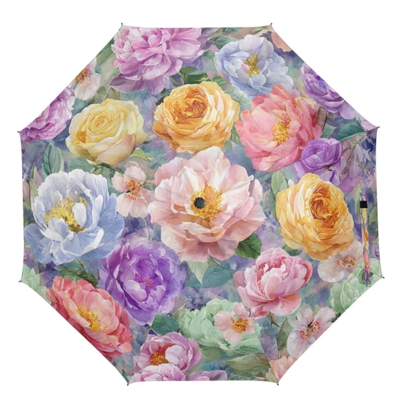 21" Inch Auto Open Close Folding Umbrella Windproof Waterproof Full Print 8-Rib Compact Travel Umbrella for Rainy Days Detailed Roses and Peonies