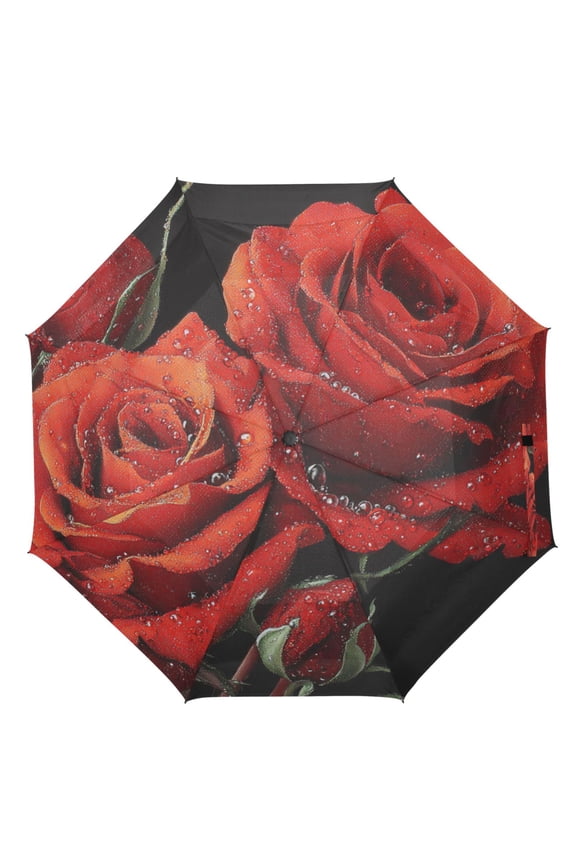 21" Inch Auto Open Close Folding Umbrella Windproof Waterproof Full Print 8-Rib Compact Travel Umbrella for Rainy Days Diamond Painting Of Red Roses