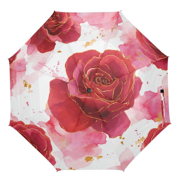 21" Inch Auto Open Close Folding Umbrella Windproof Waterproof Full Print 8-Rib Compact Travel Umbrella for Rainy Days Digital Art Red Roses Pattern