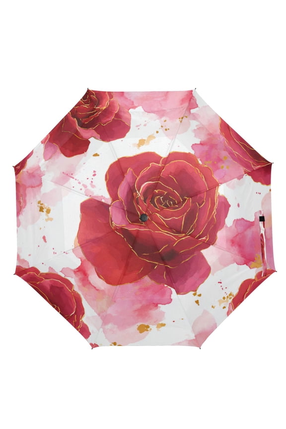 21" Inch Auto Open Close Folding Umbrella Windproof Waterproof Full Print 8-Rib Compact Travel Umbrella for Rainy Days Digital Art Red Roses Pattern