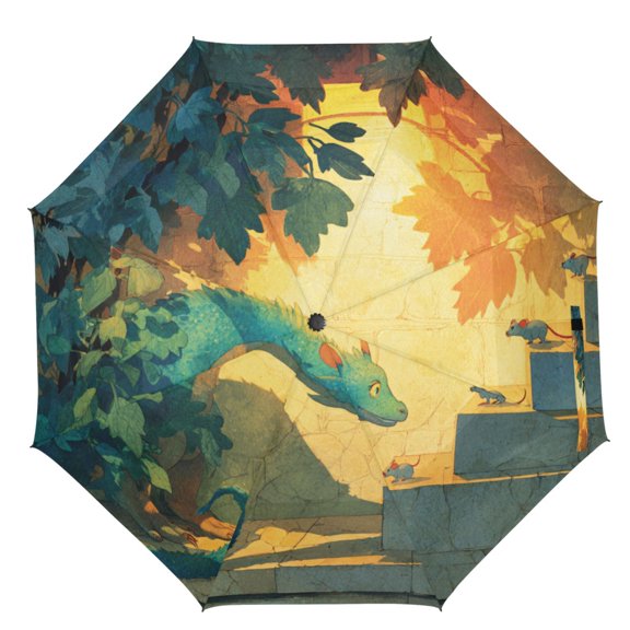 21" Inch Auto Open Close Folding Umbrella Windproof Waterproof Full Print 8-Rib Compact Travel Umbrella for Rainy Days Dragon and Mouse Friend