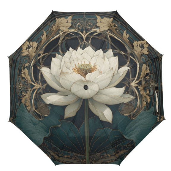 21" Inch Auto Open Close Folding Umbrella Windproof Waterproof Full Print 8-Rib Compact Travel Umbrella for Rainy Days Fantasy Lotus