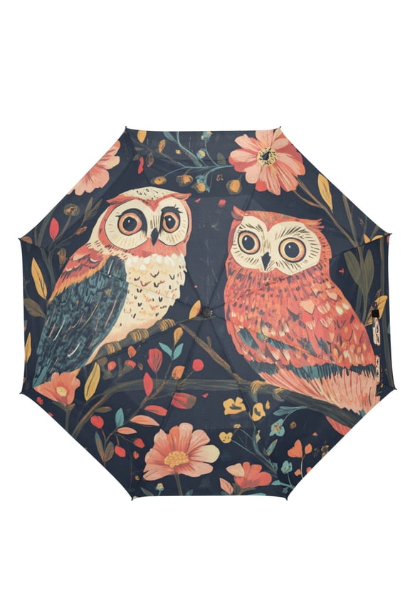 21" Inch Auto Open Close Folding Umbrella Windproof Waterproof Full Print 8-Rib Compact Travel Umbrella for Rainy Days Floral Owls