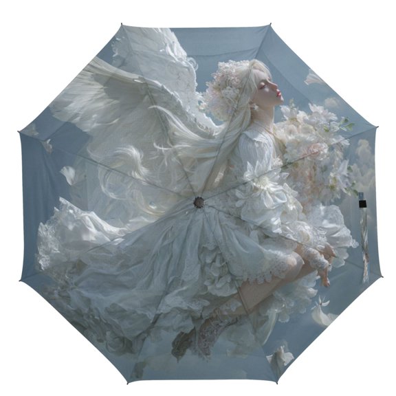 21" Inch Auto Open Close Folding Umbrella Windproof Waterproof Full Print 8-Rib Compact Travel Umbrella for Rainy Days Flower Angel