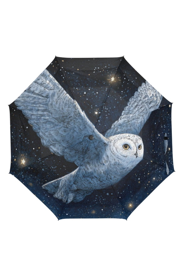 21" Inch Auto Open Close Folding Umbrella Windproof Waterproof Full Print 8-Rib Compact Travel Umbrella for Rainy Days Flying Owl