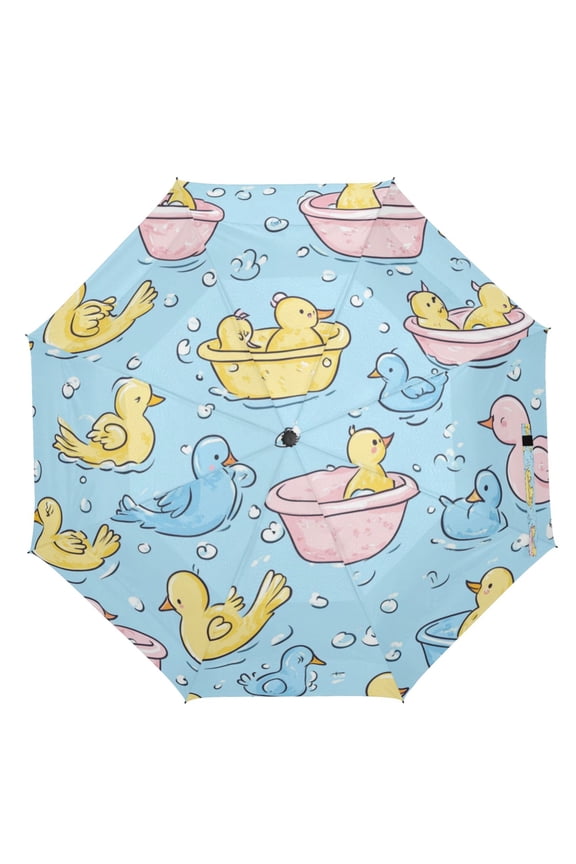 21" Inch Auto Open Close Folding Umbrella Windproof Waterproof Full Print 8-Rib Compact Travel Umbrella for Rainy Days Funny Duck Swim