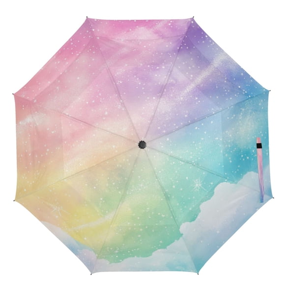 21" Inch Auto Open Close Folding Umbrella Windproof Waterproof Full Print 8-Rib Compact Travel Umbrella for Rainy Days Glitter Rainbow Sky
