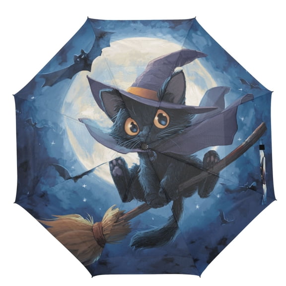 21" Inch Auto Open Close Folding Umbrella Windproof Waterproof Full Print 8-Rib Compact Travel Umbrella for Rainy Days Halloween Cape Black Cat