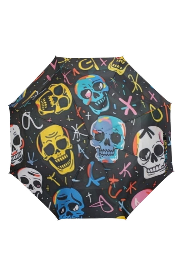 21" Inch Auto Open Close Folding Umbrella Windproof Waterproof Full Print 8-Rib Compact Travel Umbrella for Rainy Days Happy Skull Pattern
