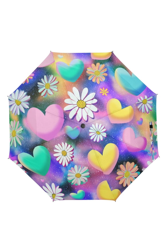 21" Inch Auto Open Close Folding Umbrella Windproof Waterproof Full Print 8-Rib Compact Travel Umbrella for Rainy Days Kawaii Daisy Pop Art