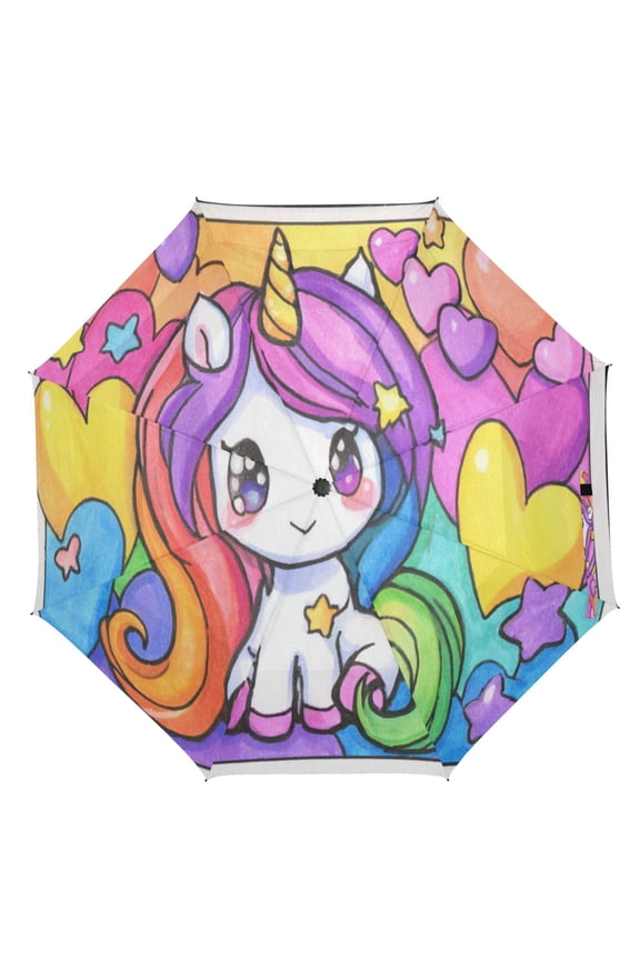 21" Inch Auto Open Close Folding Umbrella Windproof Waterproof Full Print 8-Rib Compact Travel Umbrella for Rainy Days Kawaii Unicorn