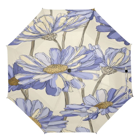 21" Inch Auto Open Close Folding Umbrella Windproof Waterproof Full Print 8-Rib Compact Travel Umbrella for Rainy Days Lavender Daisies