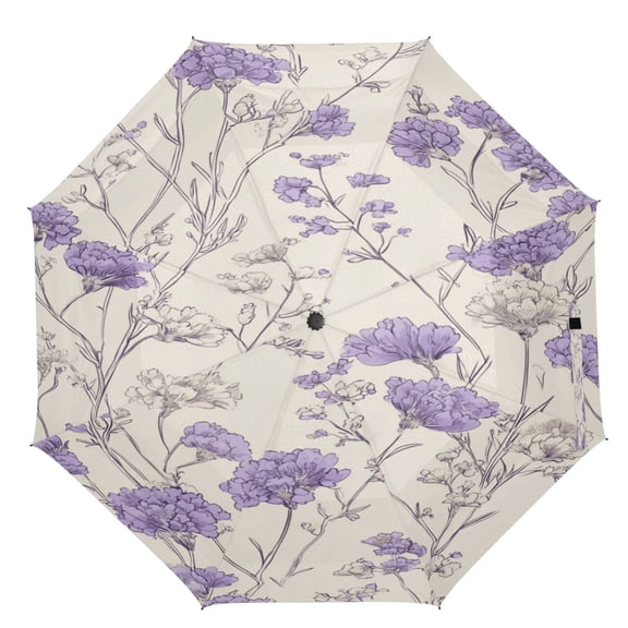 21" Inch Auto Open Close Folding Umbrella Windproof Waterproof Full Print 8-Rib Compact Travel Umbrella for Rainy Days Lavender and Cream Flowers