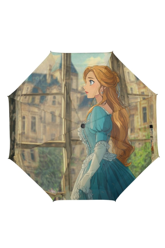 21" Inch Auto Open Close Folding Umbrella Windproof Waterproof Full Print 8-Rib Compact Travel Umbrella for Rainy Days Lonely Princess