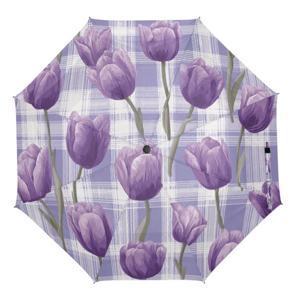 21" Inch Auto Open Close Folding Umbrella Windproof Waterproof Full Print 8-Rib Compact Travel Umbrella for Rainy Days Lovely Lavender Tulip Flowers