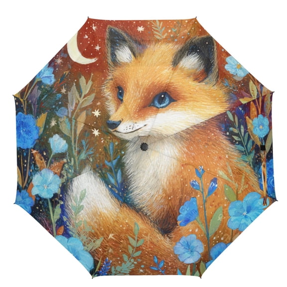 21" Inch Auto Open Close Folding Umbrella Windproof Waterproof Full Print 8-Rib Compact Travel Umbrella for Rainy Days Lovely Little Fox