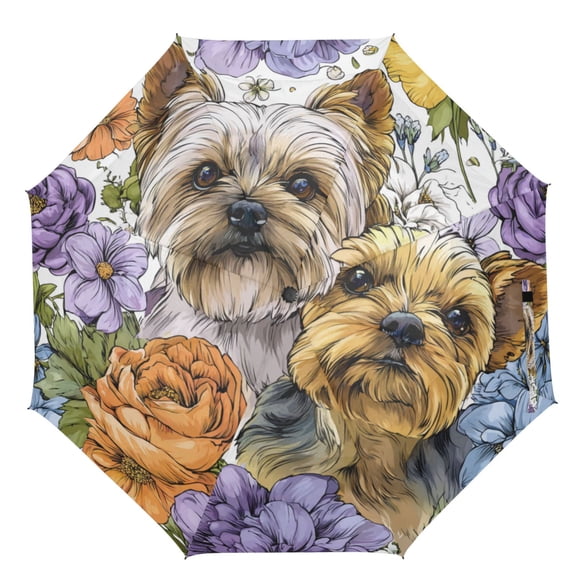 21" Inch Auto Open Close Folding Umbrella Windproof Waterproof Full Print 8-Rib Compact Travel Umbrella for Rainy Days Lovely Yorkshire Terrier Dogs