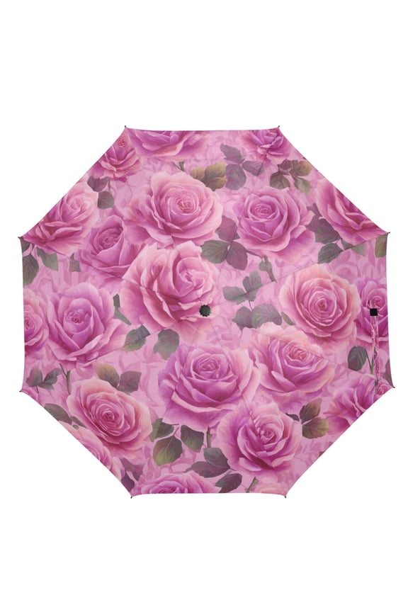 21" Inch Auto Open Close Folding Umbrella Windproof Waterproof Full Print 8-Rib Compact Travel Umbrella for Rainy Days Magenta-red Roses Pattern