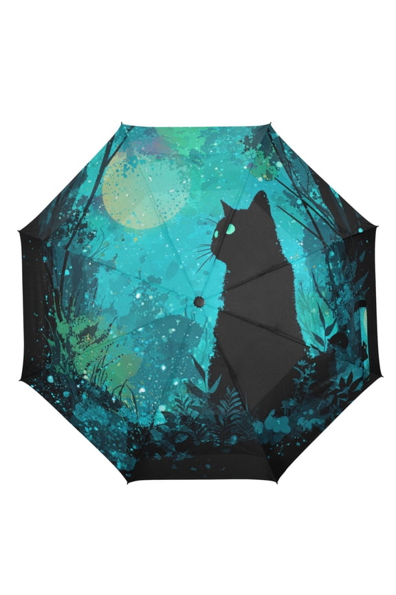 21" Inch Auto Open Close Folding Umbrella Windproof Waterproof Full Print 8-Rib Compact Travel Umbrella for Rainy Days Magic Black Cat