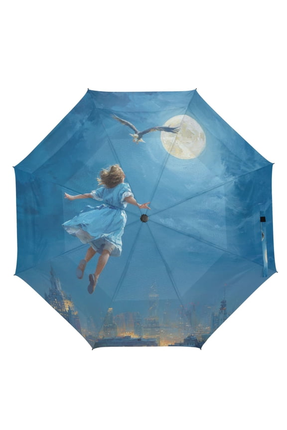 21" Inch Auto Open Close Folding Umbrella Windproof Waterproof Full Print 8-Rib Compact Travel Umbrella for Rainy Days Magic Blue Dress Girl