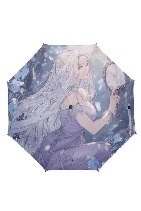 21" Inch Auto Open Close Folding Umbrella Windproof Waterproof Full Print 8-Rib Compact Travel Umbrella for Rainy Days Magic Mirror Girl