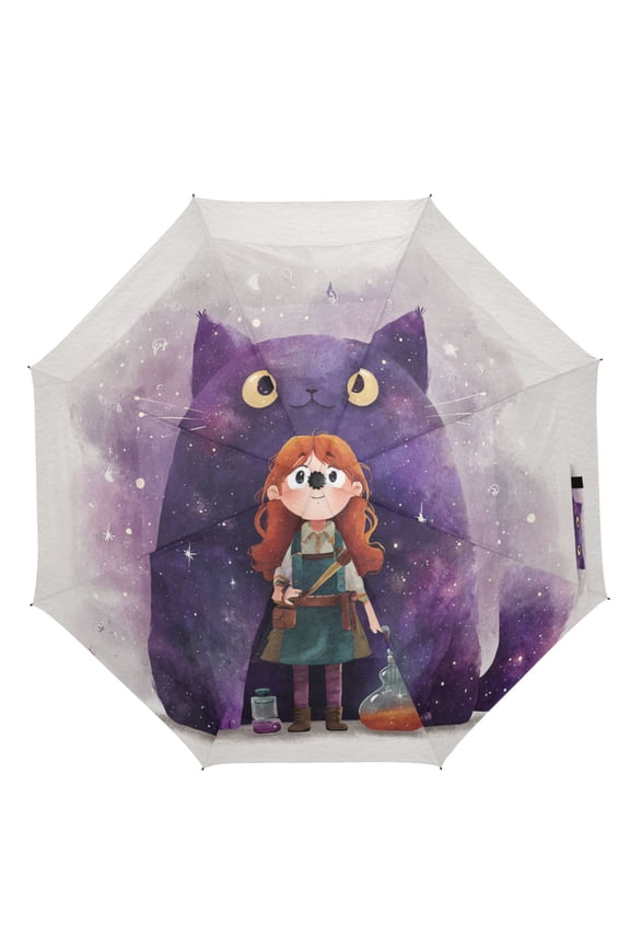 21" Inch Auto Open Close Folding Umbrella Windproof Waterproof Full Print 8-Rib Compact Travel Umbrella for Rainy Days Magic Purple Cat