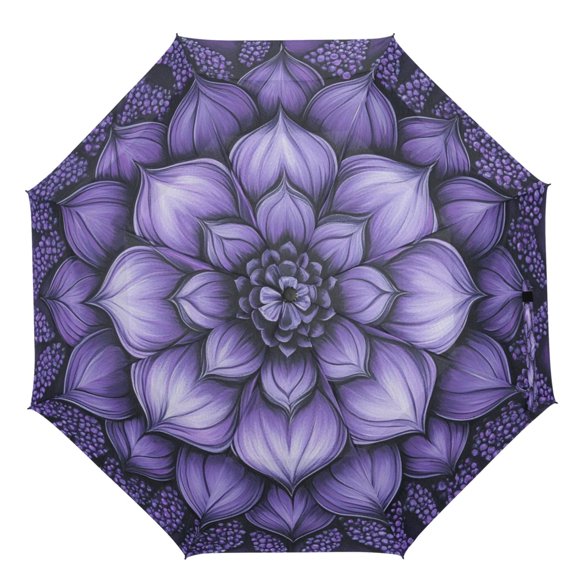 21" Inch Auto Open Close Folding Umbrella Windproof Waterproof Full Print 8-Rib Compact Travel Umbrella for Rainy Days Mandala with Lavender