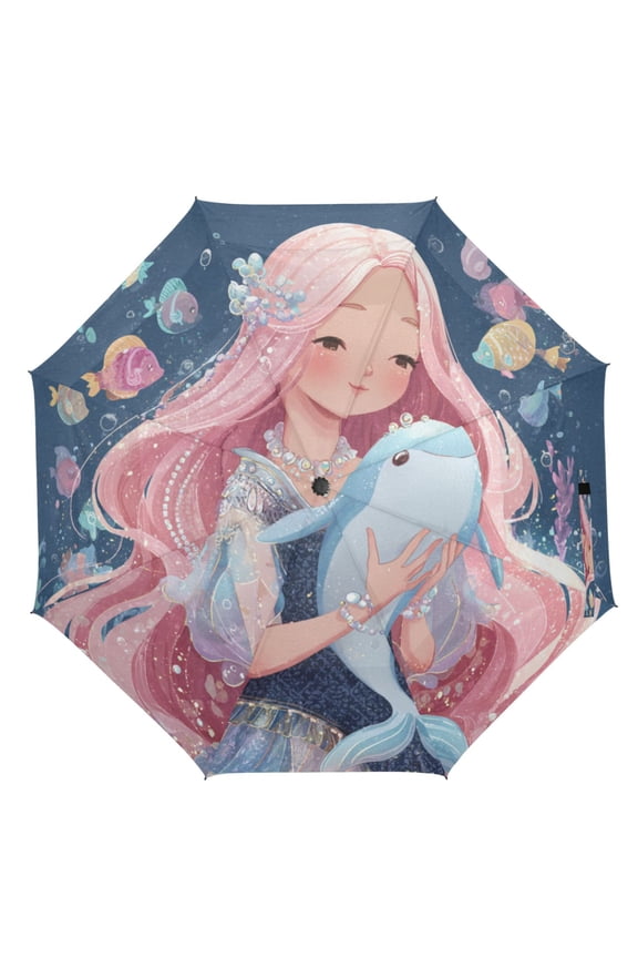 21" Inch Auto Open Close Folding Umbrella Windproof Waterproof Full Print 8-Rib Compact Travel Umbrella for Rainy Days Mermaid Princess