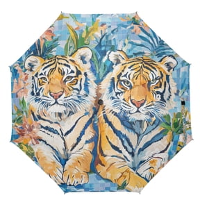 21" Inch Auto Open Close Folding Umbrella Windproof Waterproof Full Print 8-Rib Compact Travel Umbrella for Rainy Days Monet Cartoon Tigers