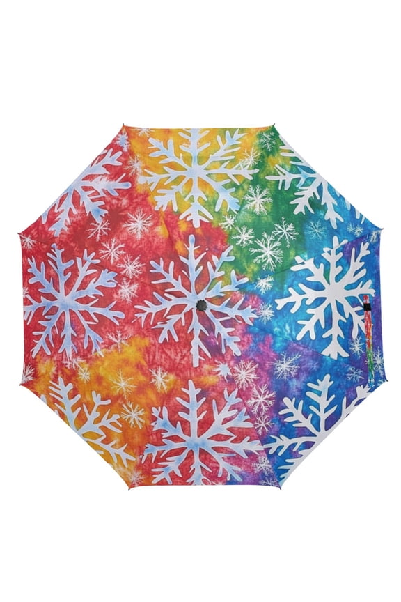 21" Inch Auto Open Close Folding Umbrella Windproof Waterproof Full Print 8-Rib Compact Travel Umbrella for Rainy Days Multicolor Tie-dye Snowflake