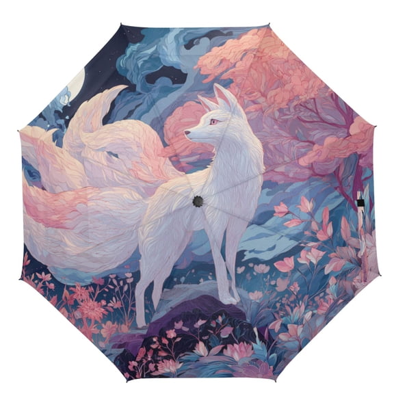 21" Inch Auto Open Close Folding Umbrella Windproof Waterproof Full Print 8-Rib Compact Travel Umbrella for Rainy Days Nine Tails Fox