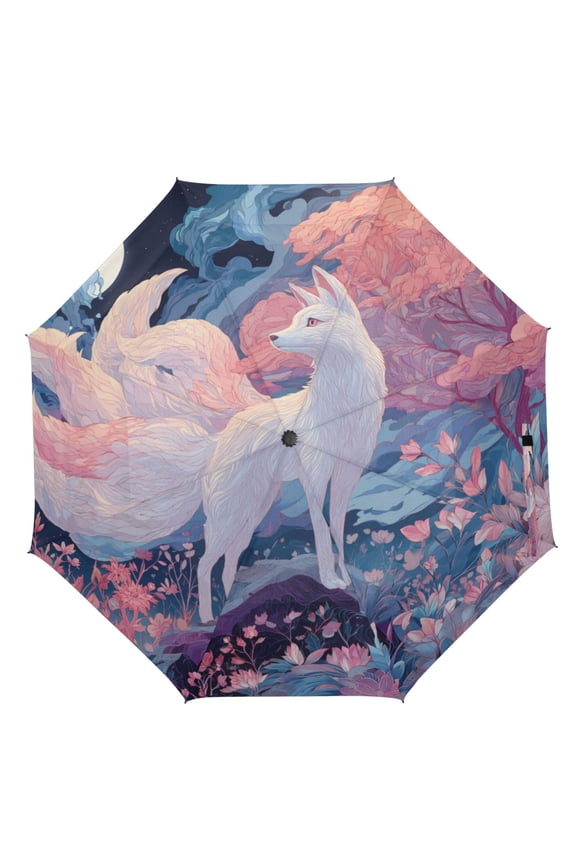 21" Inch Auto Open Close Folding Umbrella Windproof Waterproof Full Print 8-Rib Compact Travel Umbrella for Rainy Days Nine Tails Fox