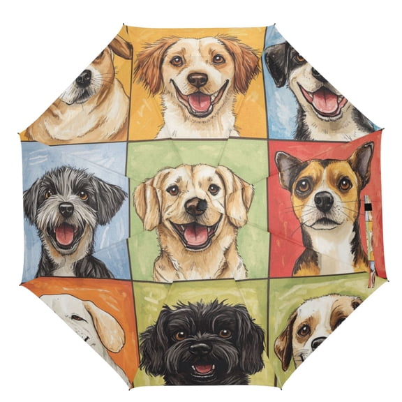 21" Inch Auto Open Close Folding Umbrella Windproof Waterproof Full Print 8-Rib Compact Travel Umbrella for Rainy Days Nine-square Grid Dogs