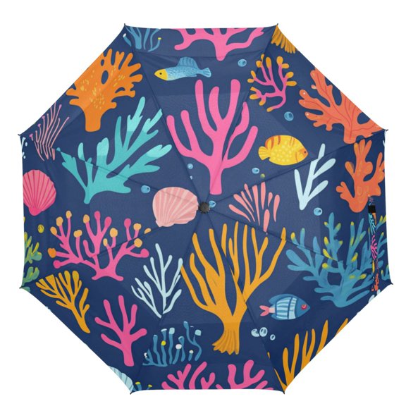 21" Inch Auto Open Close Folding Umbrella Windproof Waterproof Full Print 8-Rib Compact Travel Umbrella for Rainy Days Ocean Life