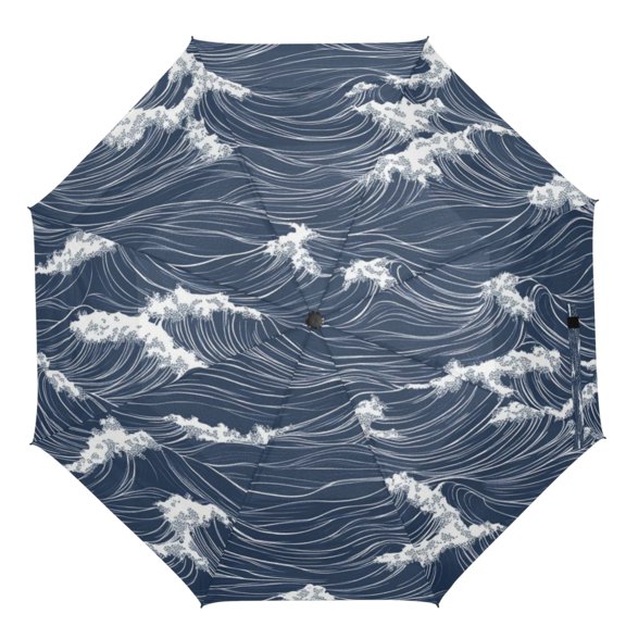 21" Inch Auto Open Close Folding Umbrella Windproof Waterproof Full Print 8-Rib Compact Travel Umbrella for Rainy Days Ocean Waves