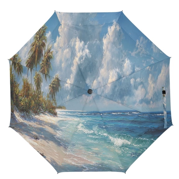 21" Inch Auto Open Close Folding Umbrella Windproof Waterproof Full Print 8-Rib Compact Travel Umbrella for Rainy Days Ocean with Palm Trees