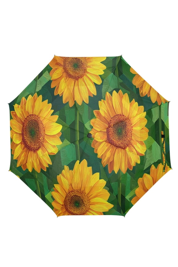21" Inch Auto Open Close Folding Umbrella Windproof Waterproof Full Print 8-Rib Compact Travel Umbrella for Rainy Days Oil Sunflower Pattern