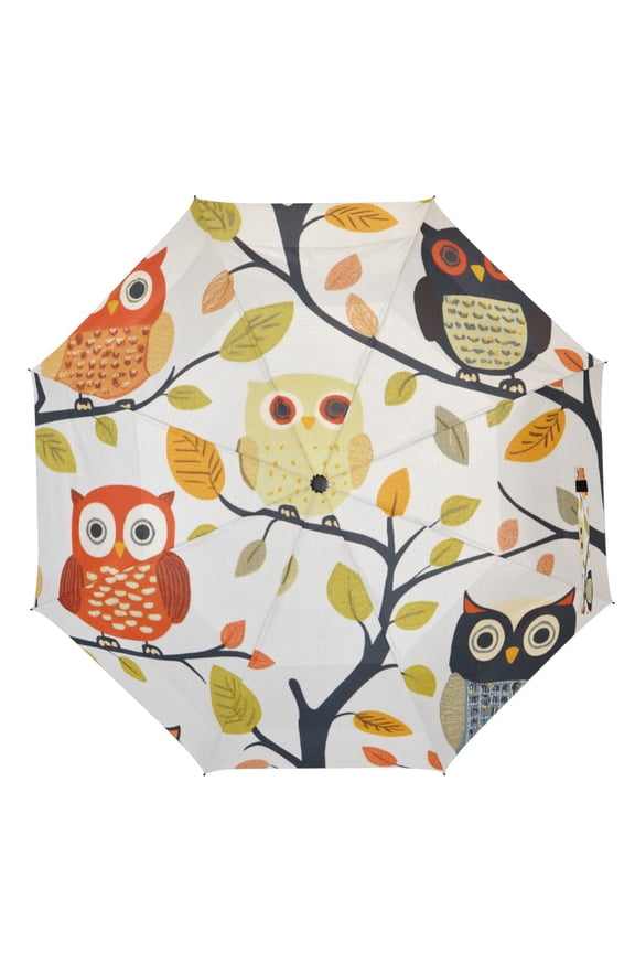 21" Inch Auto Open Close Folding Umbrella Windproof Waterproof Full Print 8-Rib Compact Travel Umbrella for Rainy Days Owl Pattern