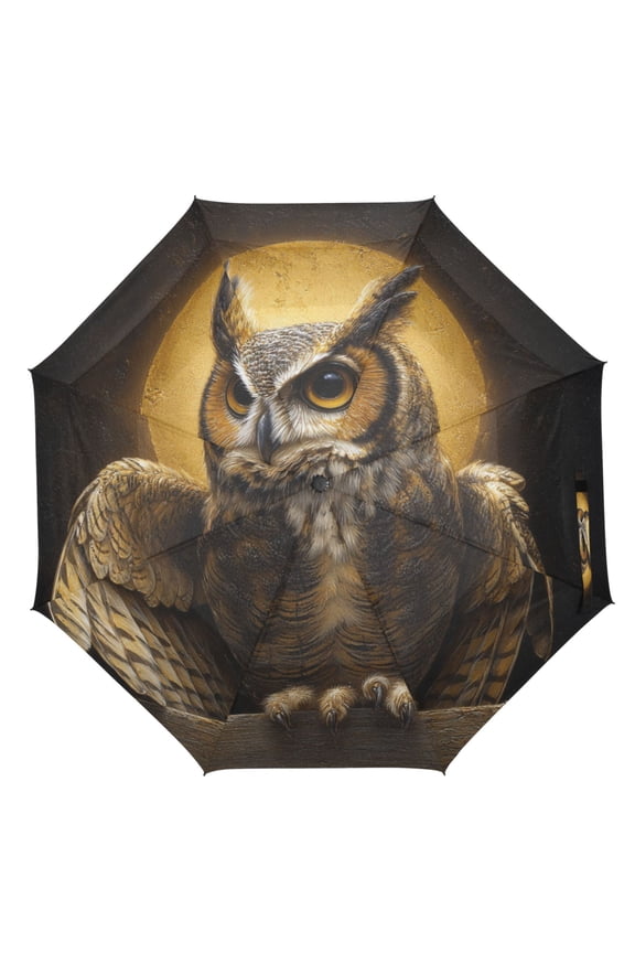 21" Inch Auto Open Close Folding Umbrella Windproof Waterproof Full Print 8-Rib Compact Travel Umbrella for Rainy Days Owl under The Moon