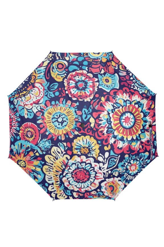 21" Inch Auto Open Close Folding Umbrella Windproof Waterproof Full Print 8-Rib Compact Travel Umbrella for Rainy Days Painting Boho Style