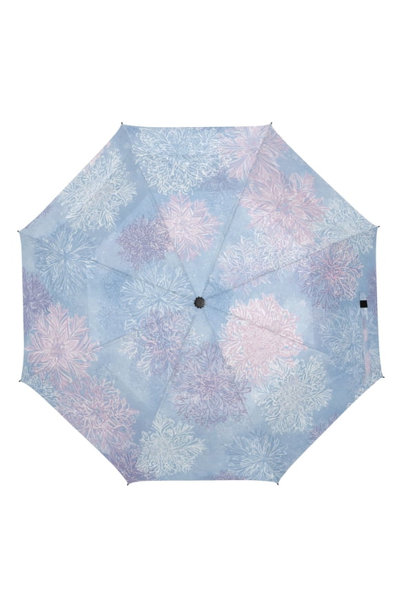 21" Inch Auto Open Close Folding Umbrella Windproof Waterproof Full Print 8-Rib Compact Travel Umbrella for Rainy Days Pale Blue Pink Snowflakes
