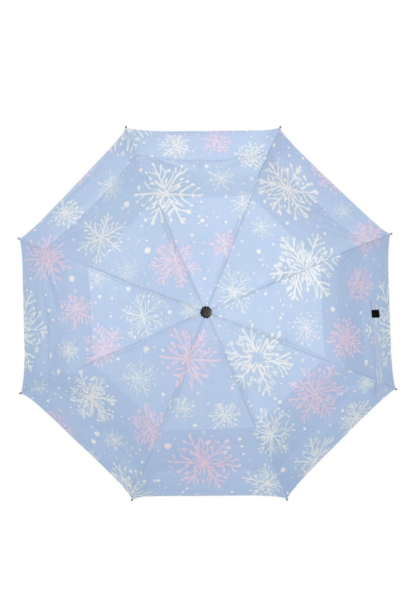 21" Inch Auto Open Close Folding Umbrella Windproof Waterproof Full Print 8-Rib Compact Travel Umbrella for Rainy Days Pale Blue Snowflakes Pattern