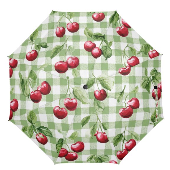 21" Inch Auto Open Close Folding Umbrella Windproof Waterproof Full Print 8-Rib Compact Travel Umbrella for Rainy Days Pale Green Cherry Painting