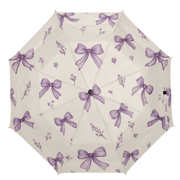 21" Inch Auto Open Close Folding Umbrella Windproof Waterproof Full Print 8-Rib Compact Travel Umbrella for Rainy Days Pastel Lavender Bows