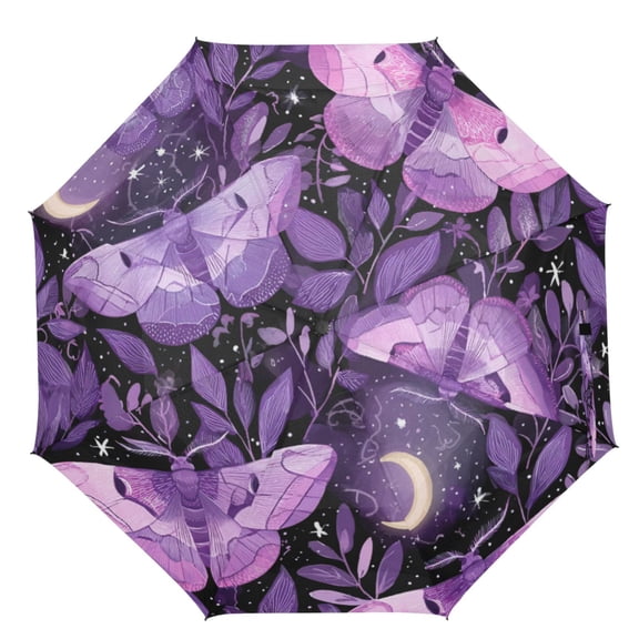 21" Inch Auto Open Close Folding Umbrella Windproof Waterproof Full Print 8-Rib Compact Travel Umbrella for Rainy Days Pastel Purple and Lilac Moths
